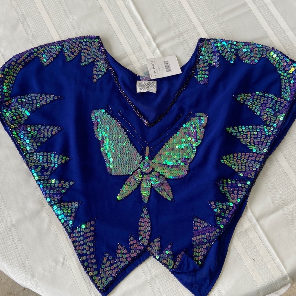 Free People Royal Blue Sequin Butterfly Poncho Top